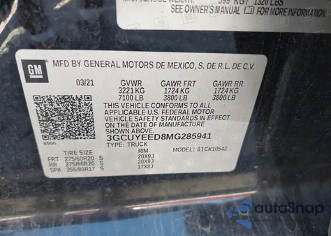 2021 Chevrolet Silverado 1500 4Wd Short Bed Rst z USA, uszkodzony, nr VIN 3GCUYEED8MG285941